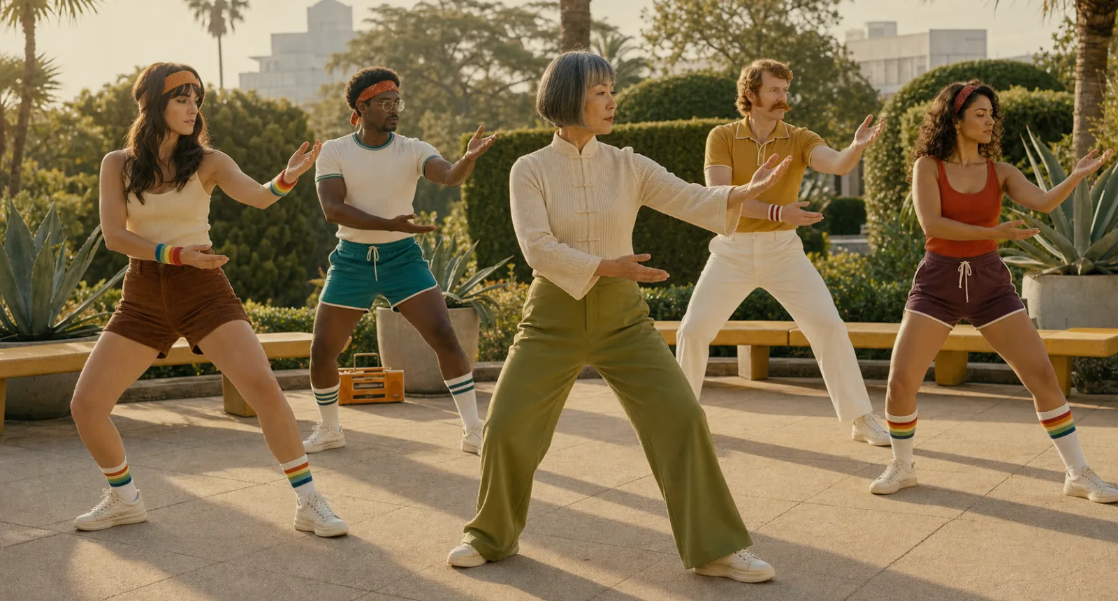 A diverse group moving together in an outdoor fitness class